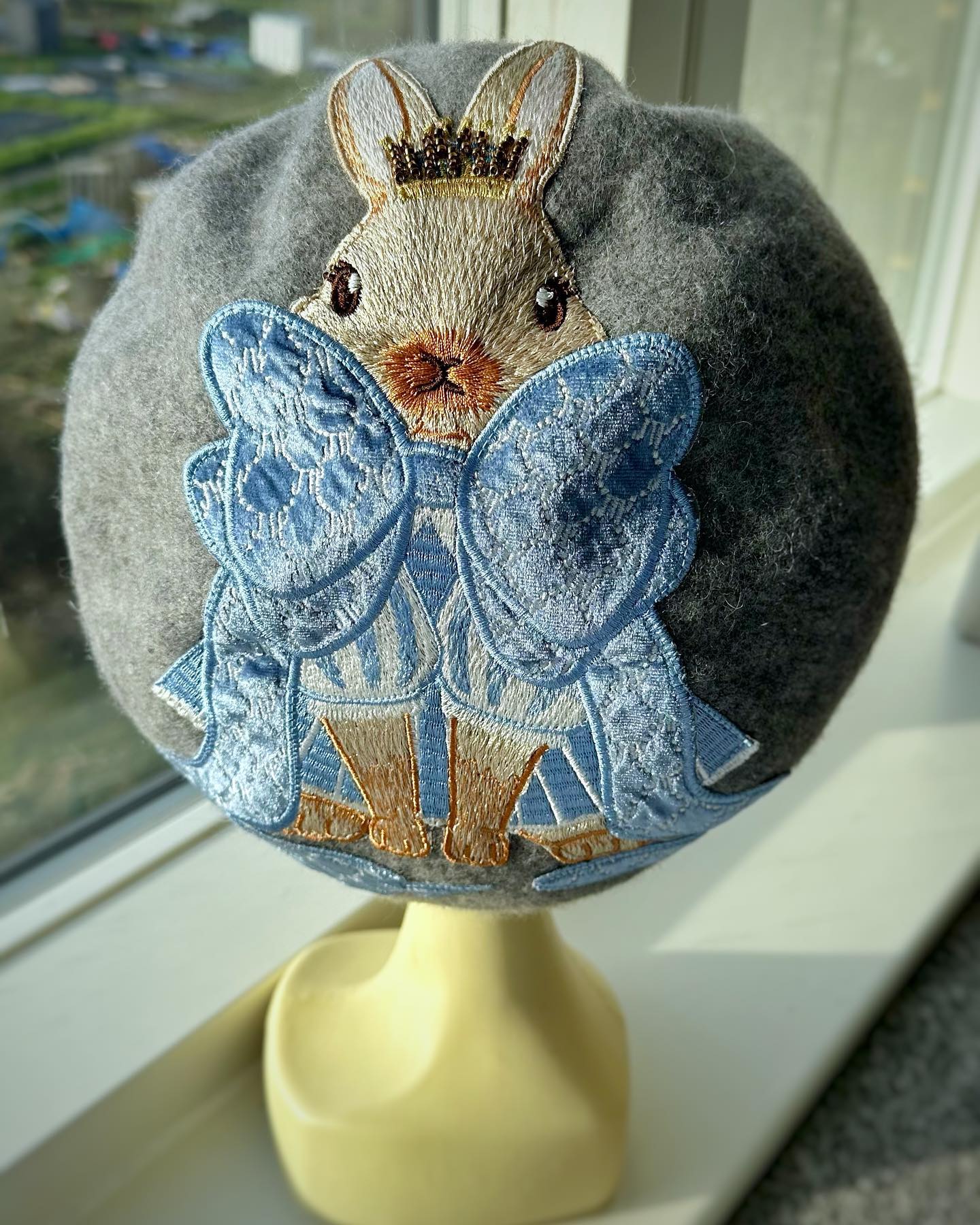 Handmade Embroidered Wool Beret Hat - Rabbit Queen