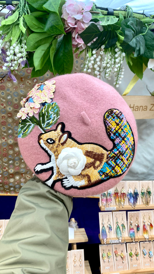 Handmade Embroidered Wool Beret Hat - Squirrel