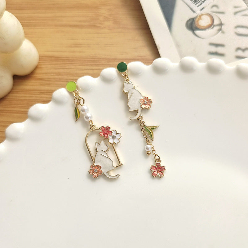 Gold Drop Dangle Cat and Flower Earring