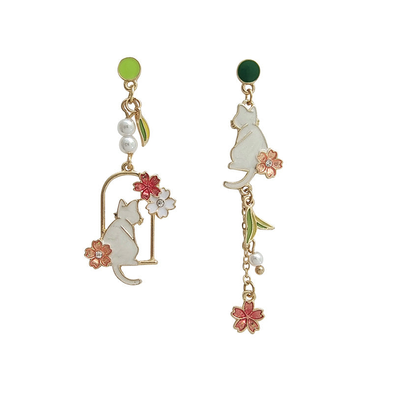 Gold Drop Dangle Cat and Flower Earring