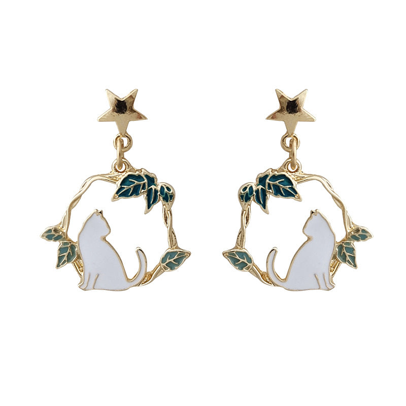 Gold Drop Dangle Cat and Flower Earring