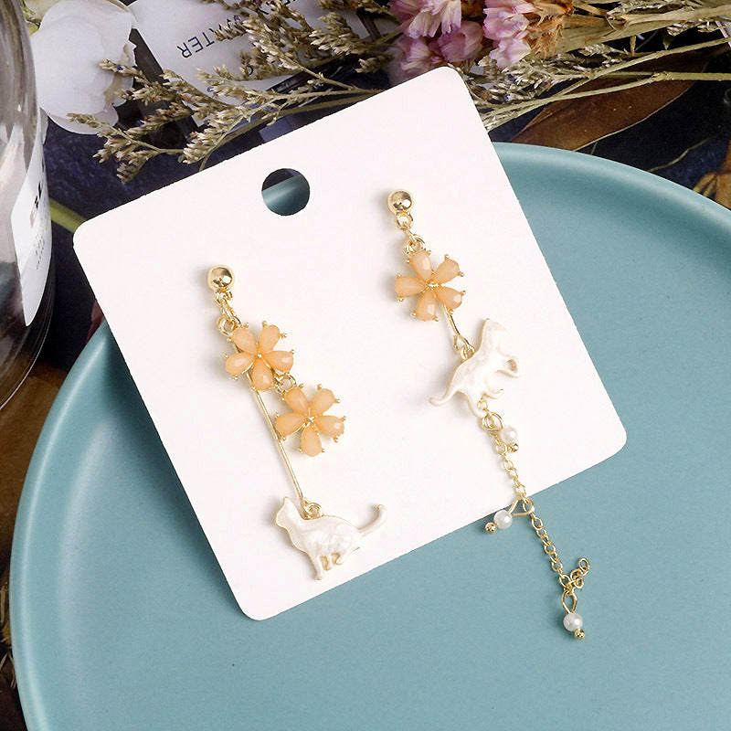 Gold Drop Dangle Cat and Flower Earring