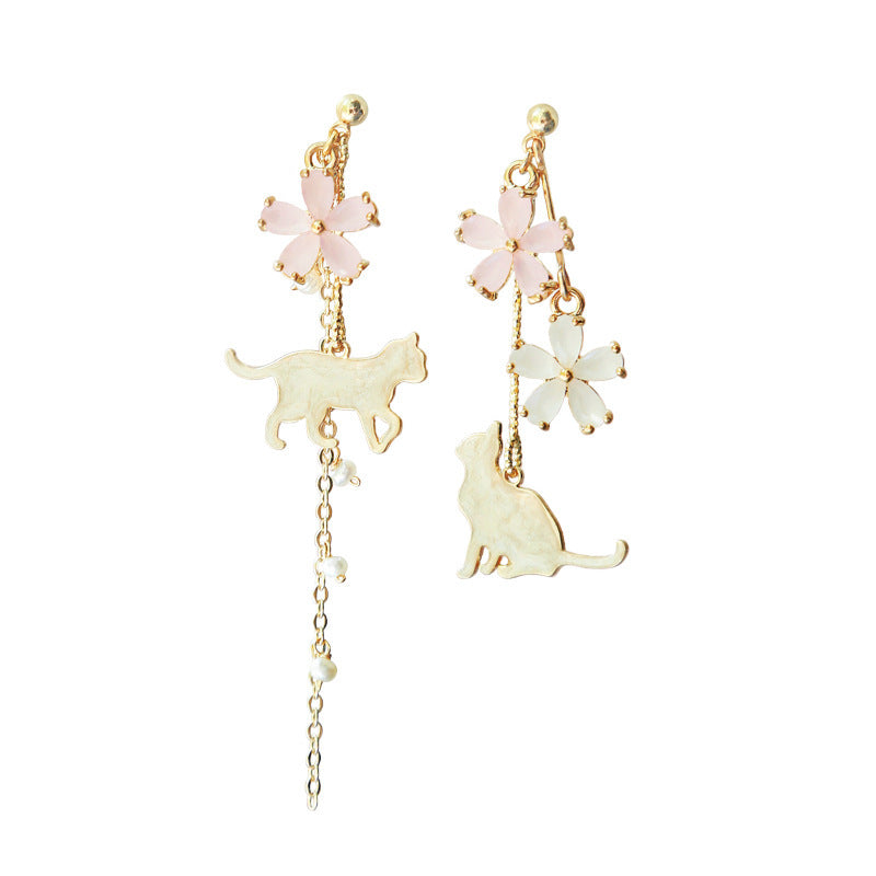 Gold Drop Dangle Cat and Flower Earring