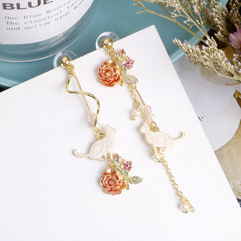 Gold Drop Dangle Cat and Flower Earring