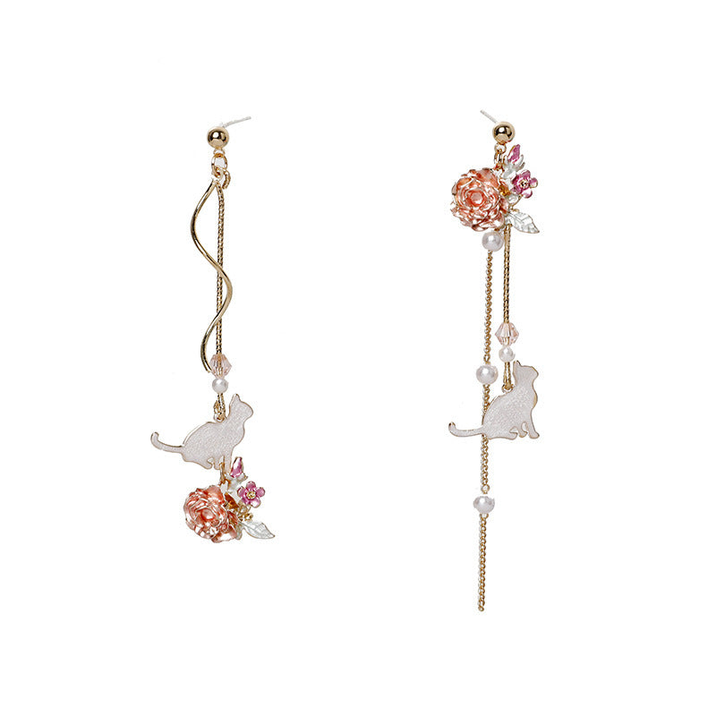 Gold Drop Dangle Cat and Flower Earring