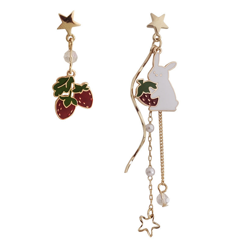 Gold Drop Dangle Rabbit and Strawberry Earring