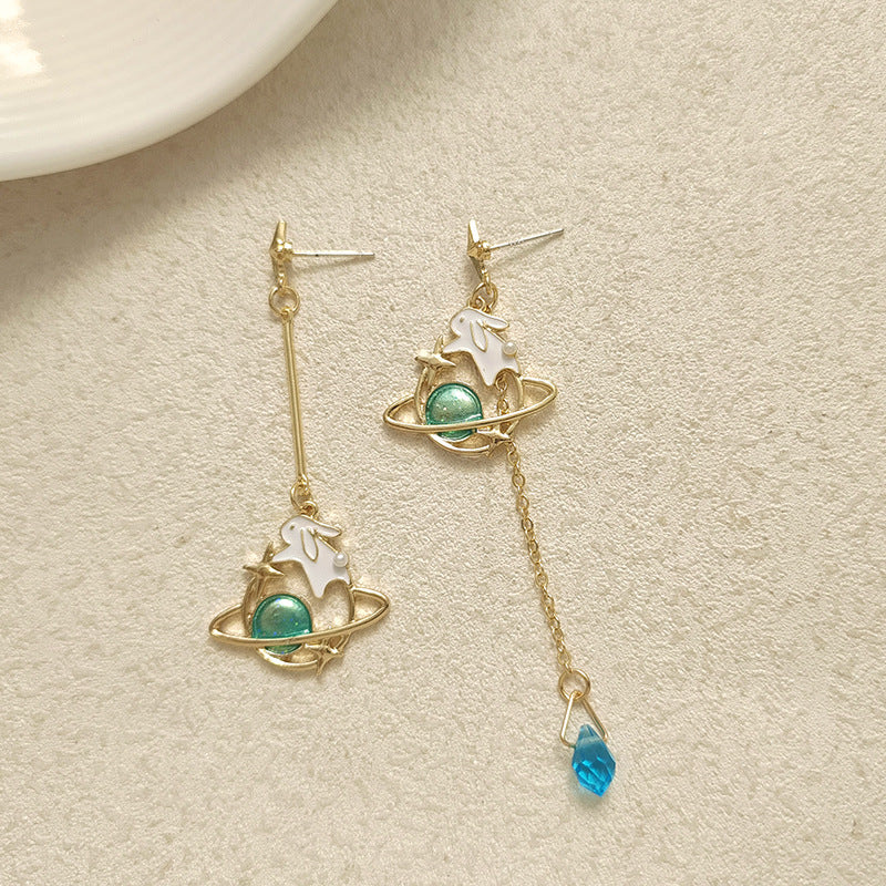 Gold Drop Dangle Rabbit and Planet Earring