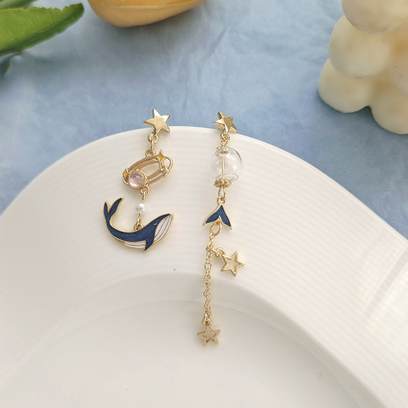 Gold Drop Dangle Whale and Star Earring