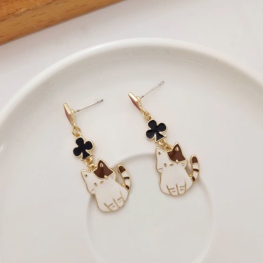 Gold Drop Dangle Cat and Flower Earring