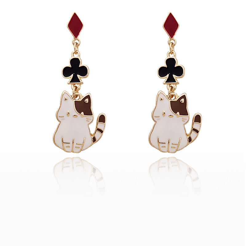 Gold Drop Dangle Cat and Flower Earring