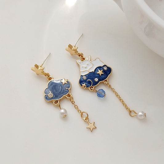 Gold Drop Dangle Rabbit and Cloud Earring