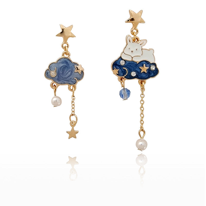 Gold Drop Dangle Rabbit and Cloud Earring