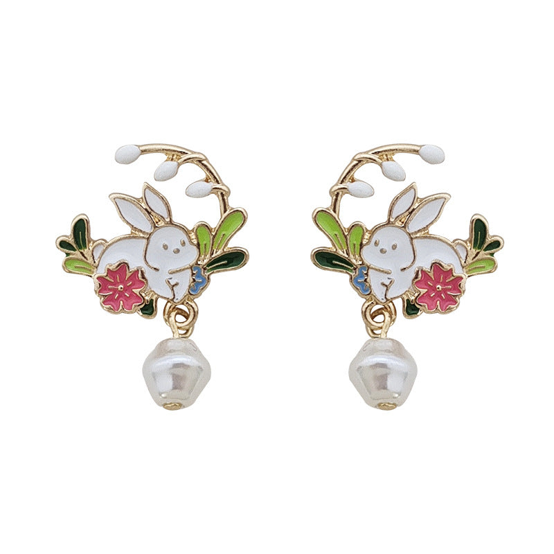 Gold Drop Dangle Rabbit and Flower Earring